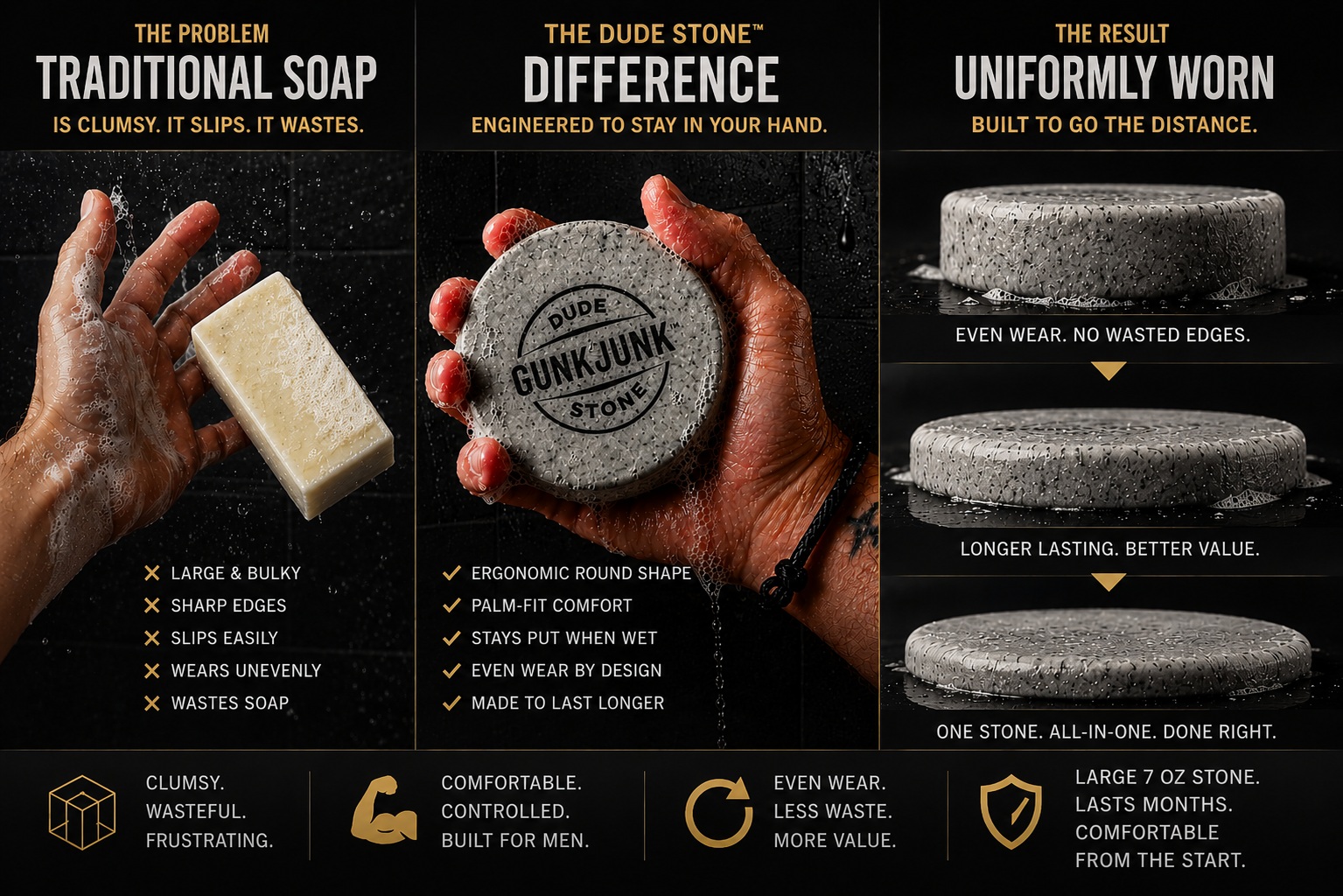 Traditional soap brick versus DUDE STONE round puck comparison